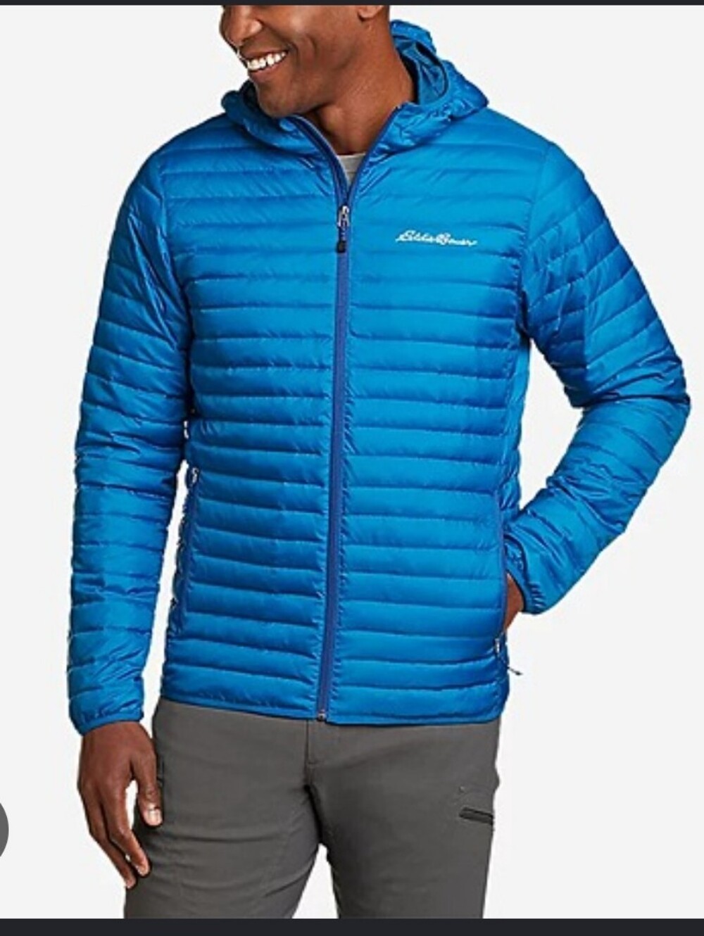 Eddie Bauer MENS Bright Blue Hooded Packable Puffer with Green Lining EB700 Down
